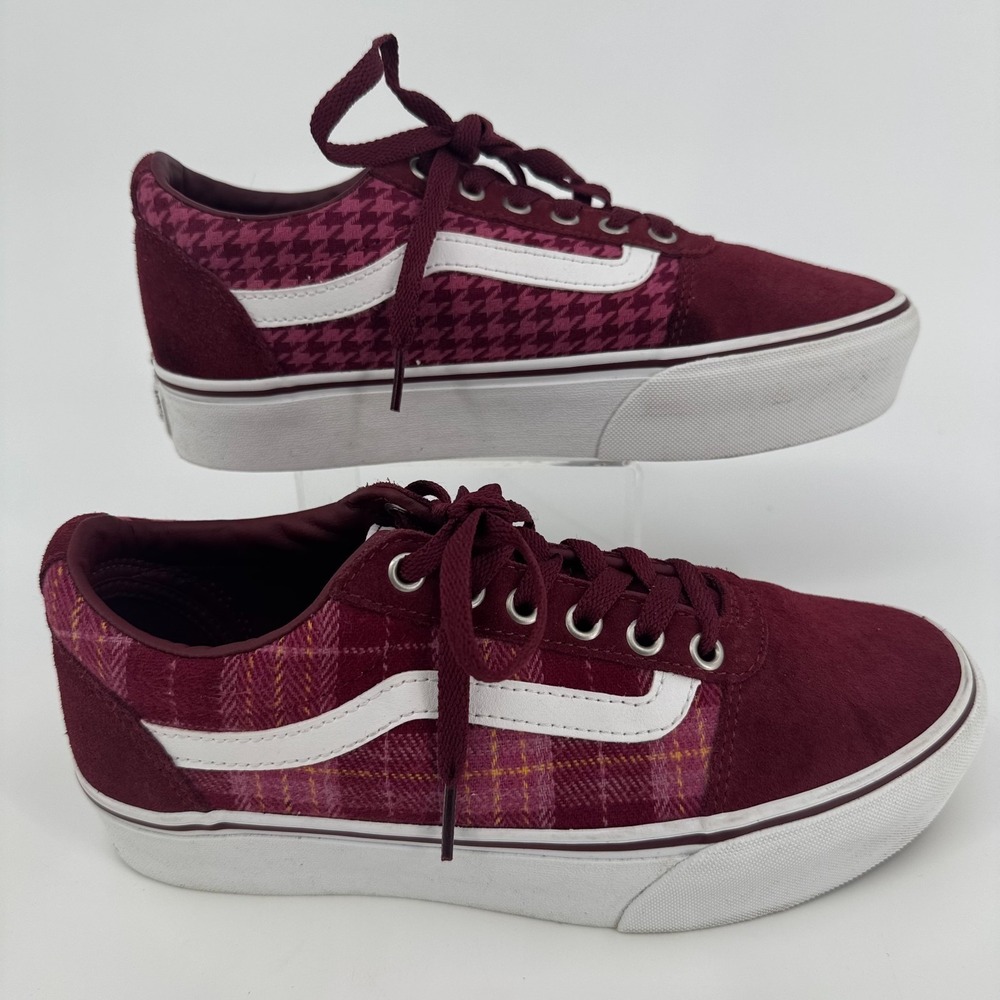 Vans Platform Skate Shoes WOMENS Burgundy Plaid Suede Lace Up Sneakers SIZE 8.5